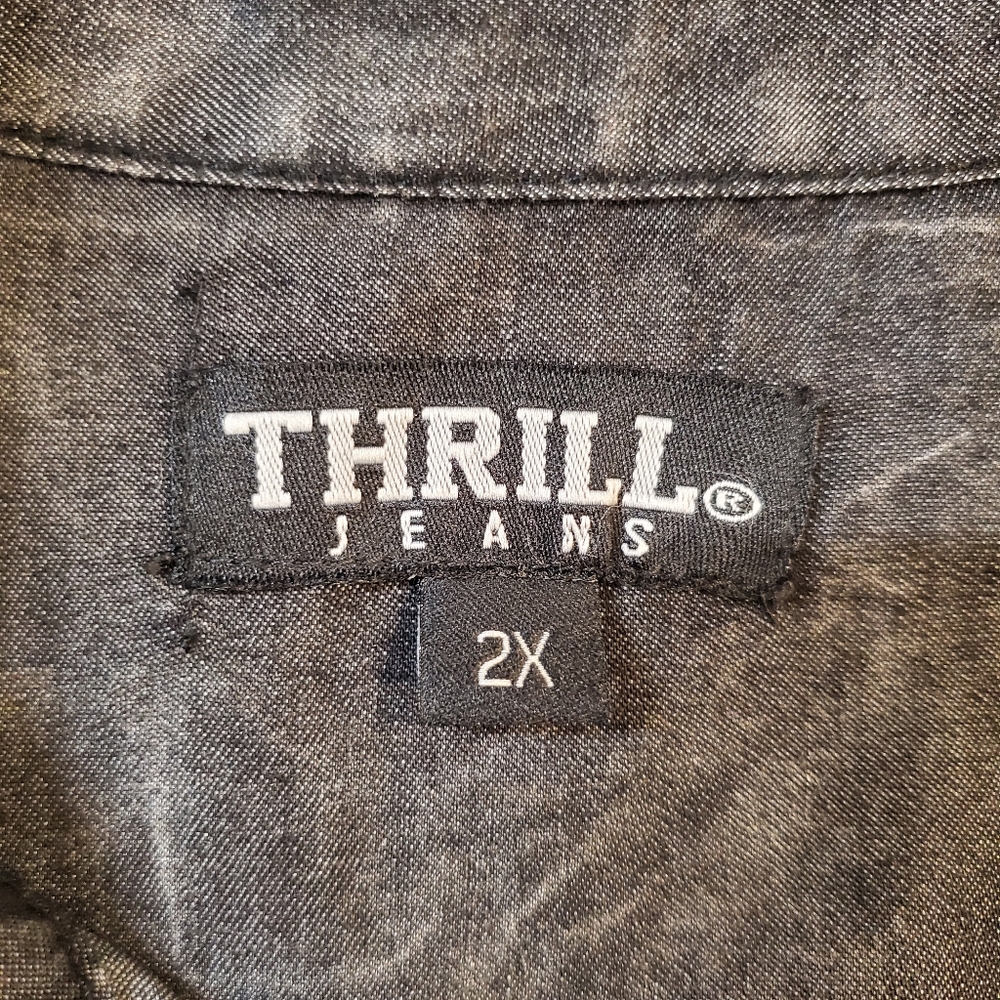 Thrill Jeans Distressed Shirt Women's Size 2X Black Dark Wash Hi Low Raw Hem - Picture 11 of 13